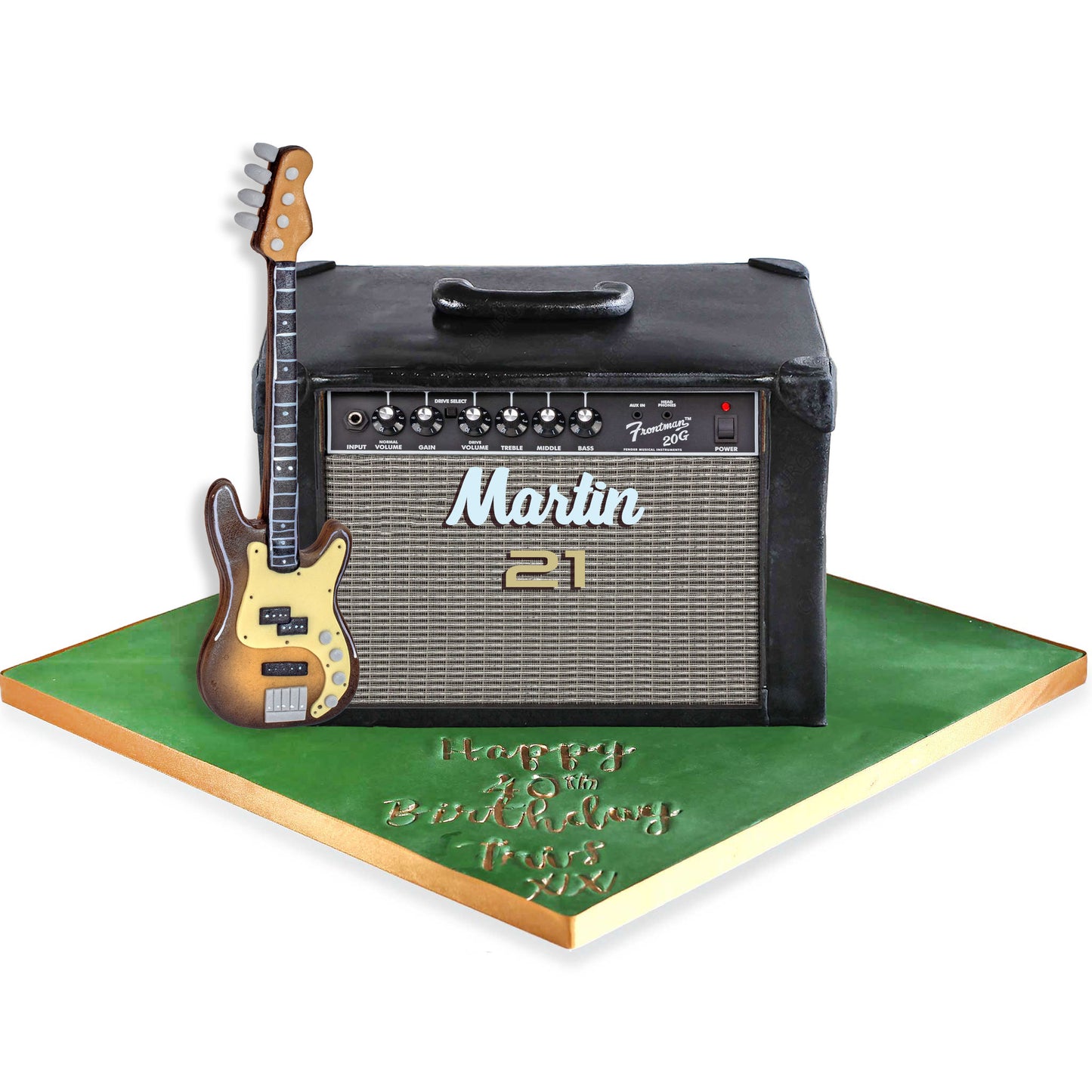 Edible Fondant Bass Guitar Cake Topper and Personalised Amp face