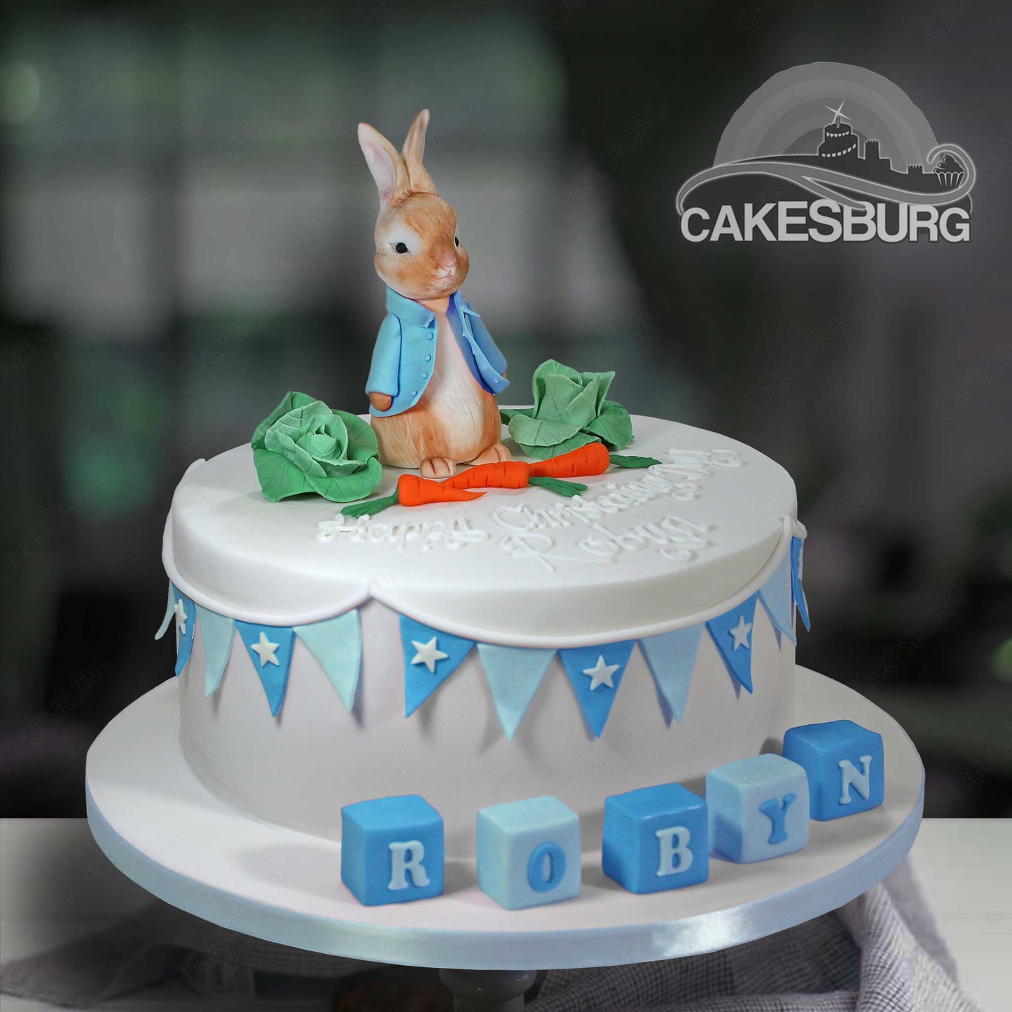 Edible Fondant Cute Rabbit & Vegetable Cake Topper - Blue