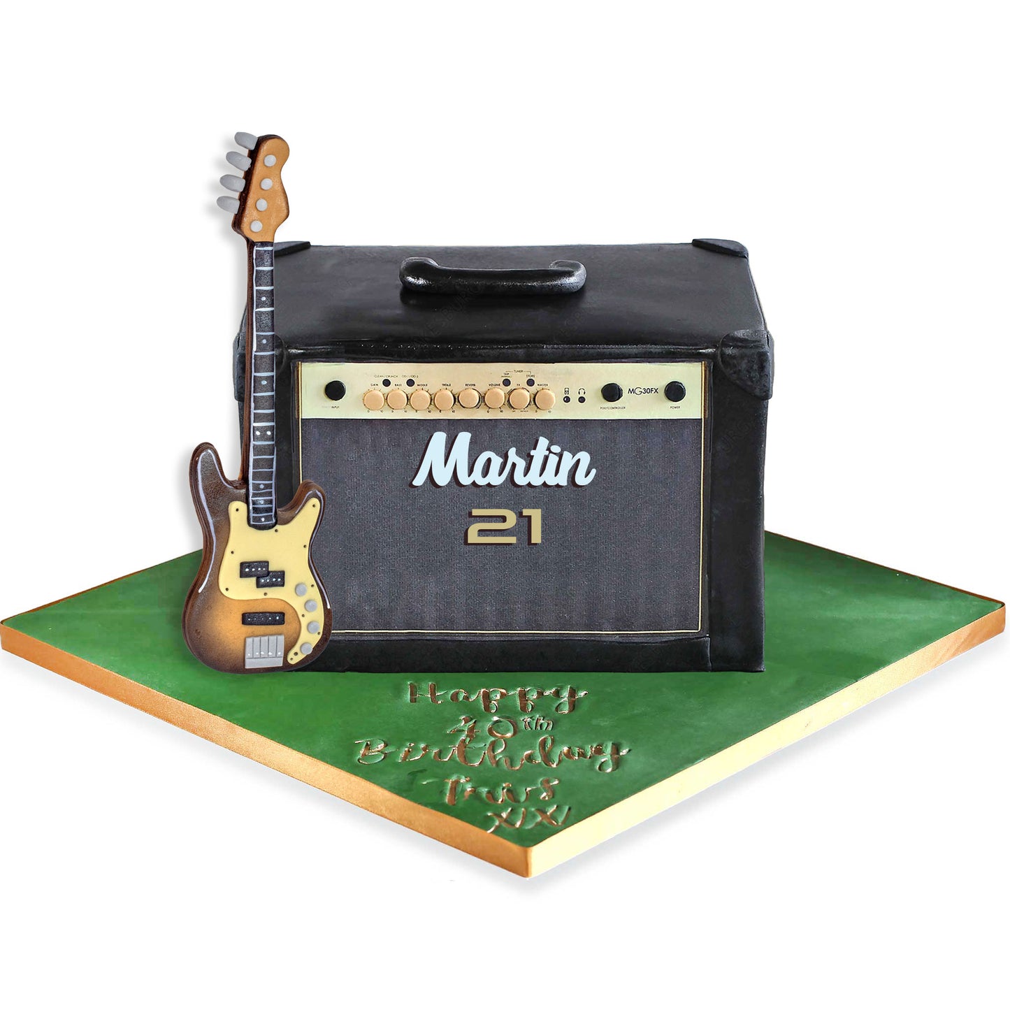 Edible Fondant Bass Guitar Cake Topper and Personalised Amp face