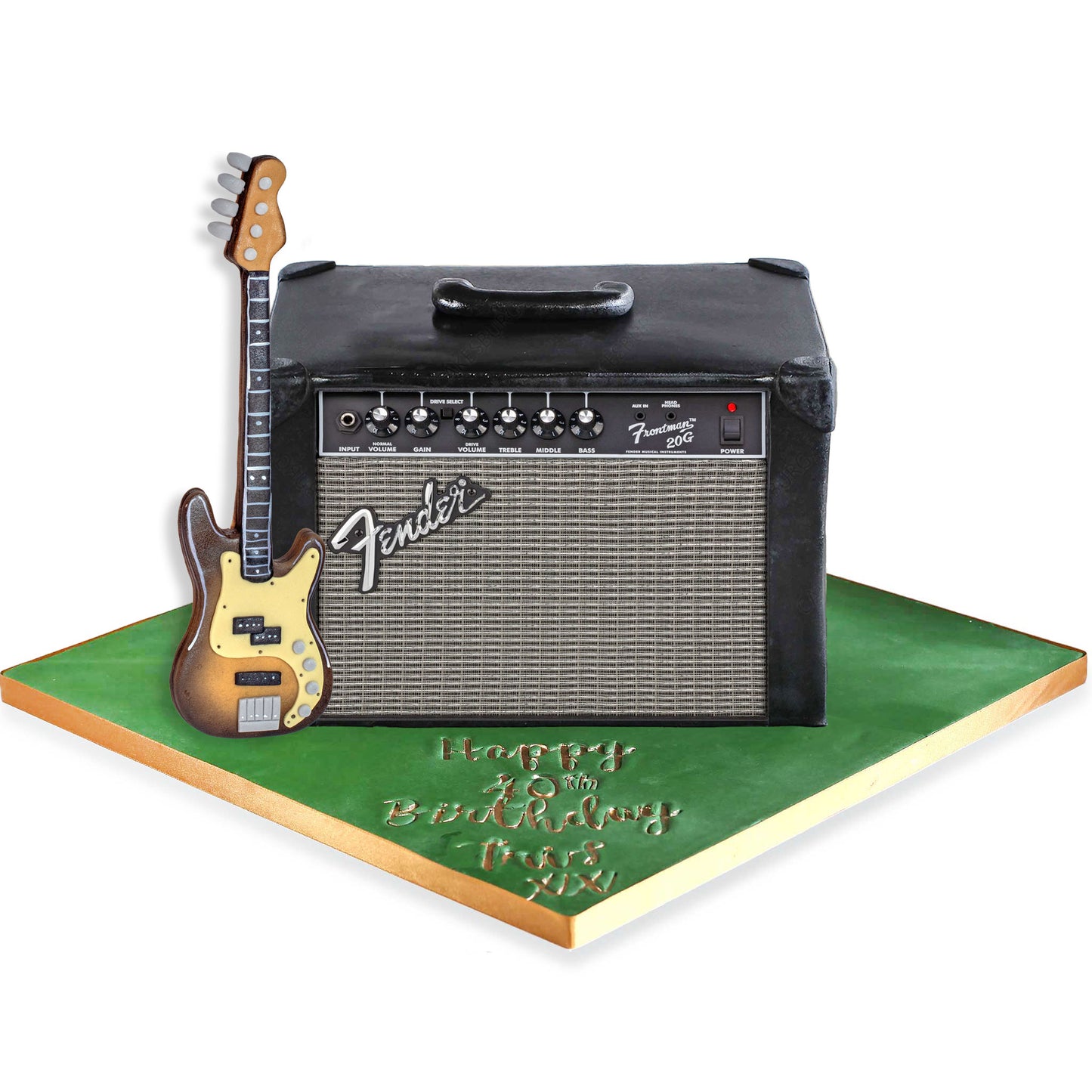 Edible Fondant Bass Guitar Cake Topper and Personalised Amp face