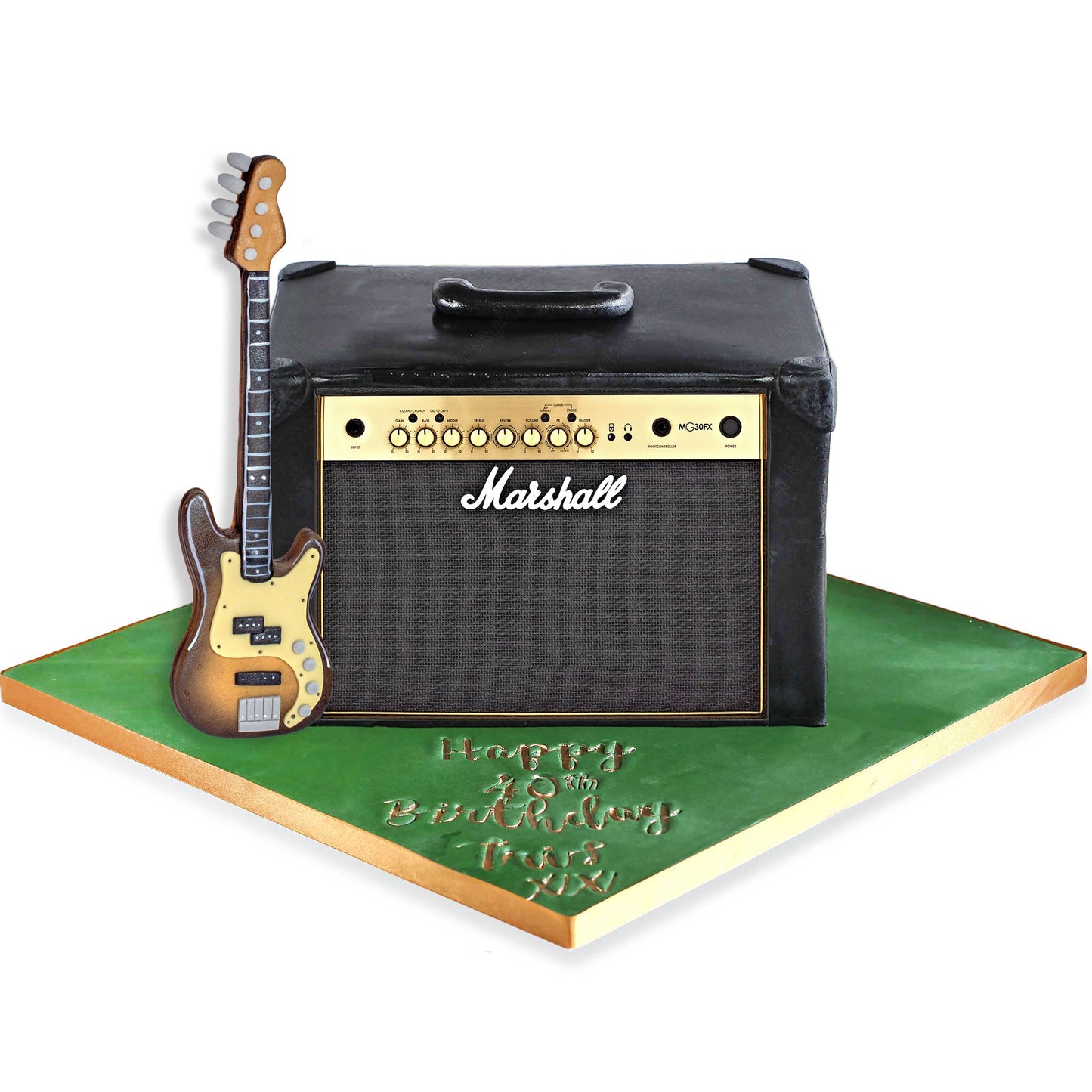 Edible Fondant Bass Guitar Cake Topper and Personalised Amp face