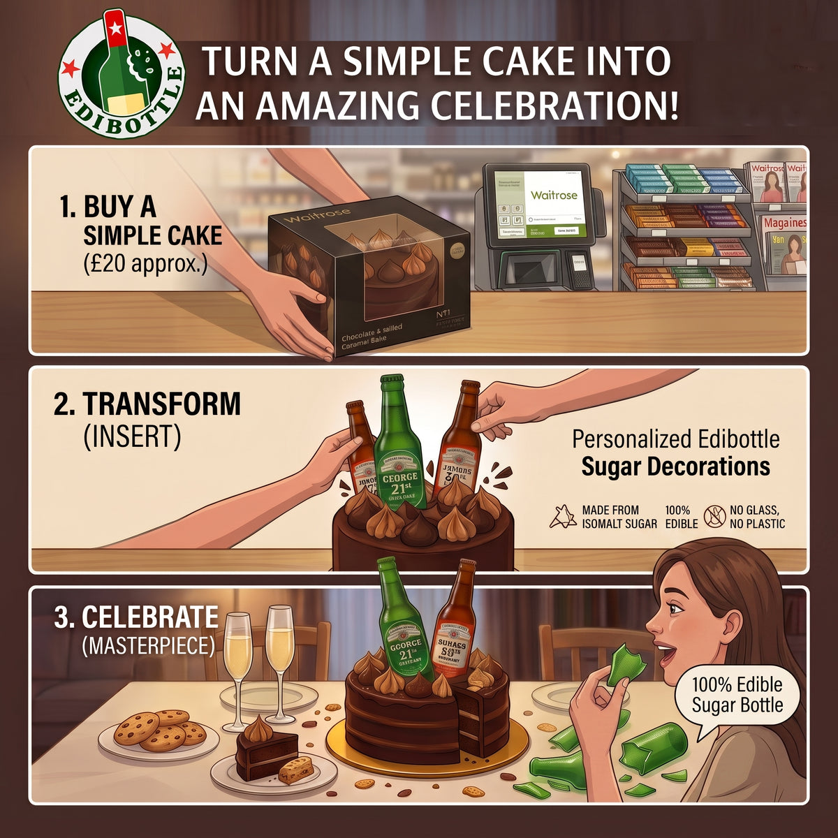 Slim Edible Champagne Bottle Cake Topper – Green
