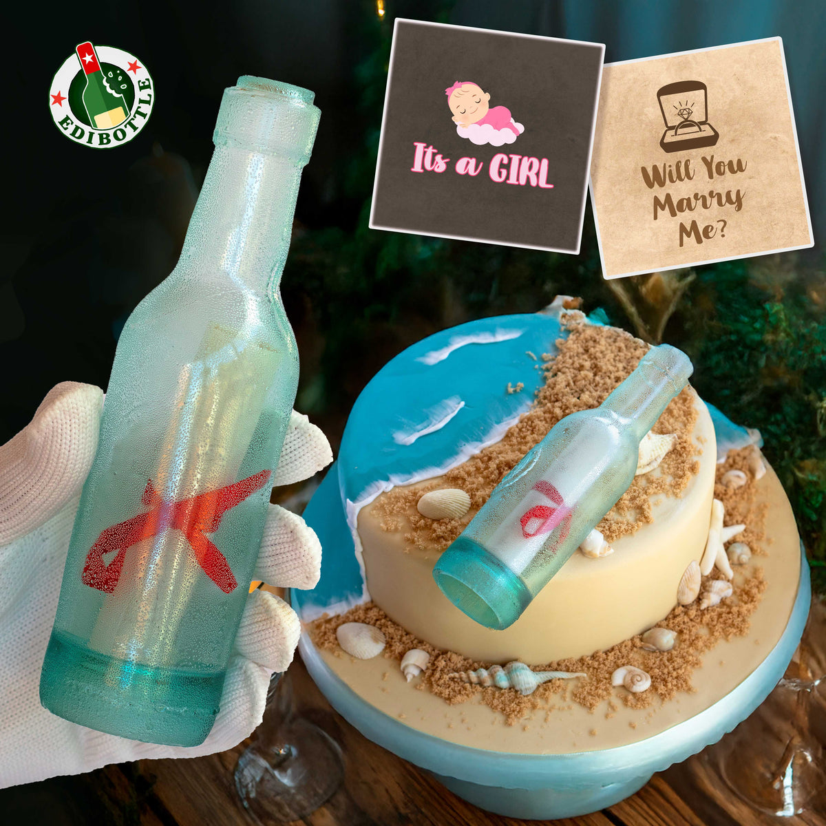 EdiBottle™ Edible Sugar “Message in a Bottle” Cake Topper