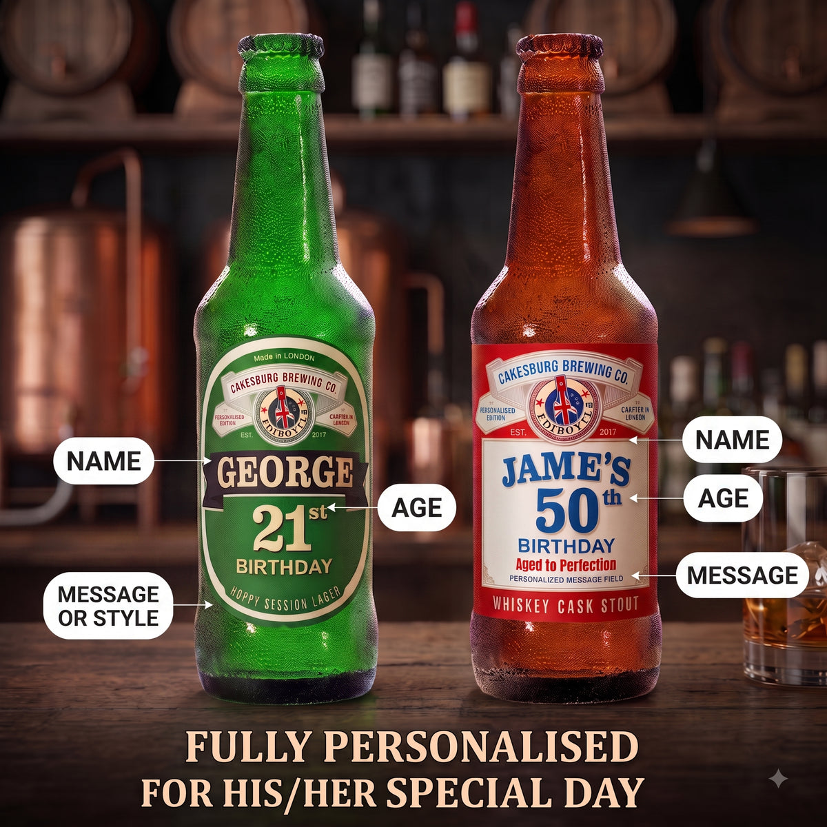 Personalised Full-Size Edible Beer Bottle Cake Topper – Brown or Green