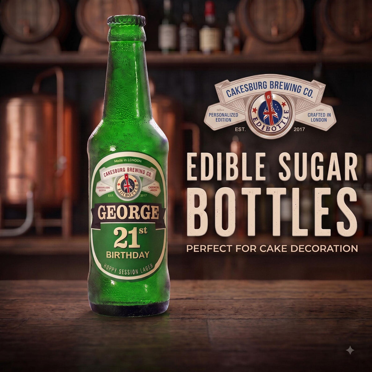 Personalised Full-Size Edible Beer Bottle Cake Topper – Brown or Green